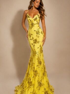 Yellow Floral Sequin Mermaid Maxi Dress Crisscross Back Size 8